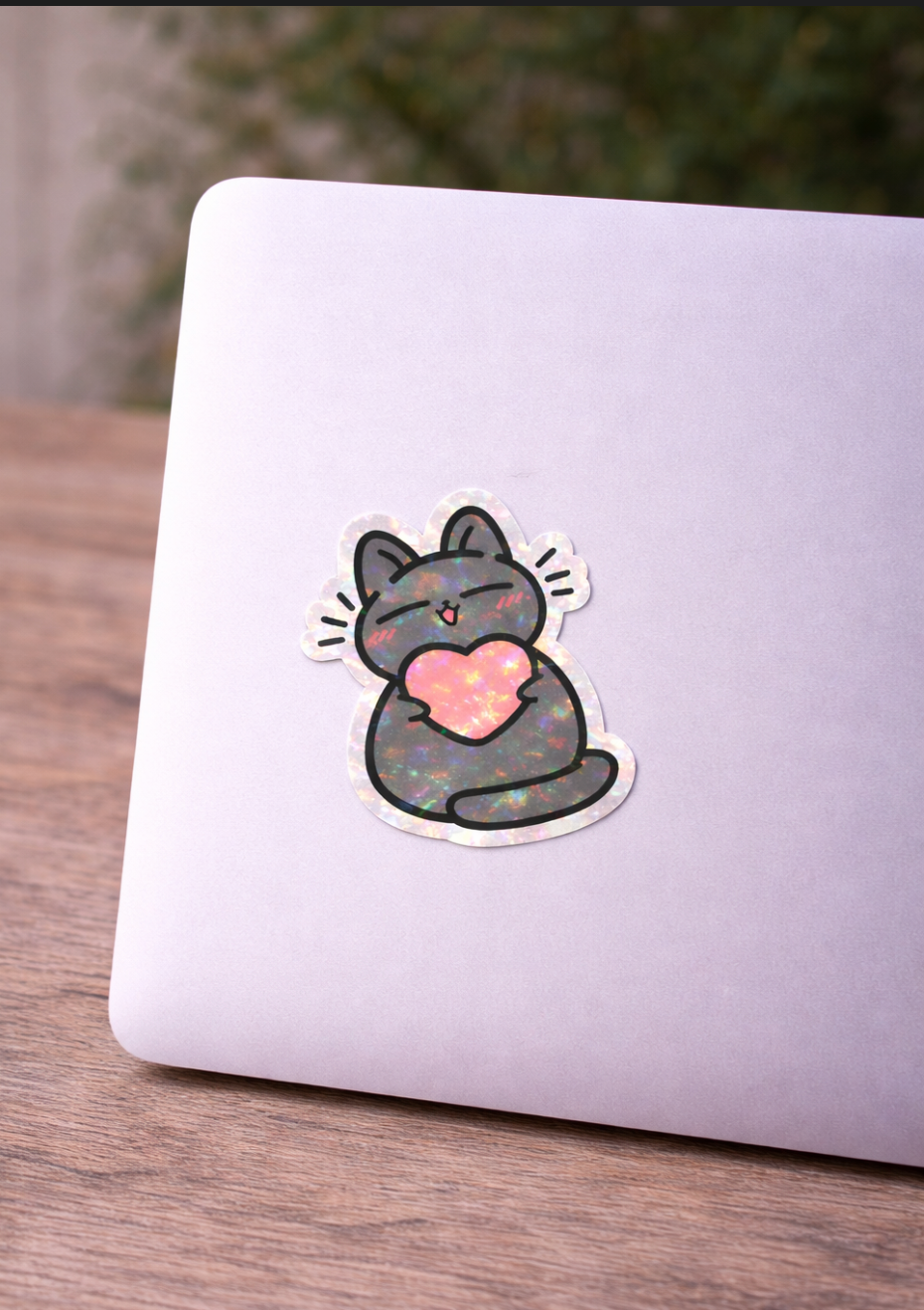 Grey Cat Hugging Heart Sticker