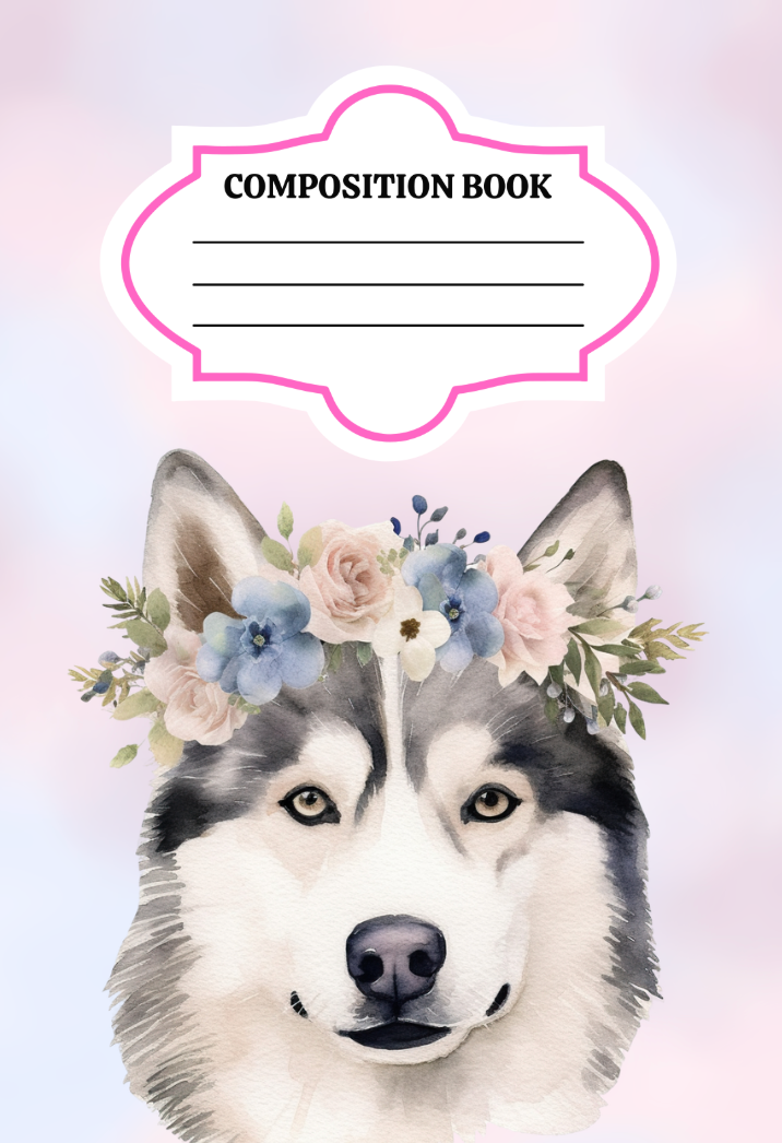 Husky and Flowers Design -Composition Notebook