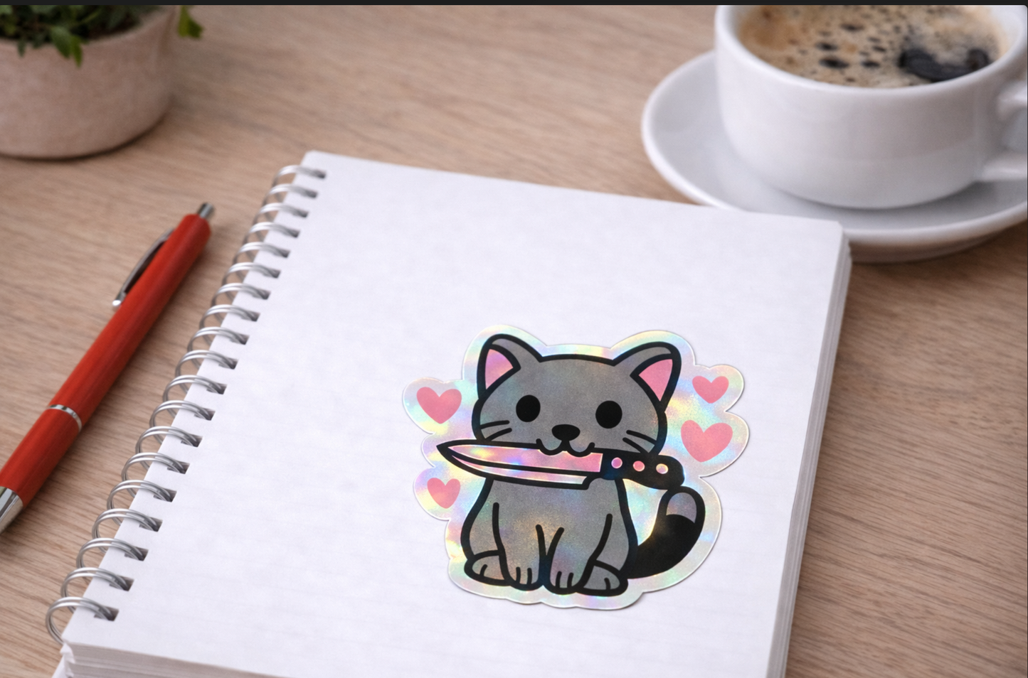 Cat with Knife Hearts Sticker