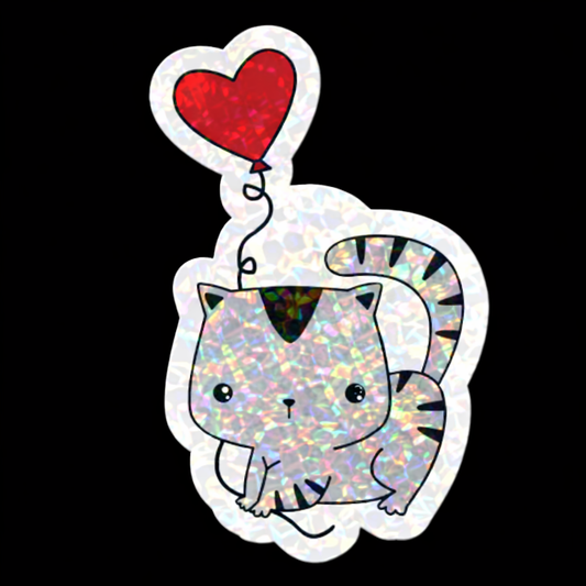 Grey Red Heart Balloon Cat Sticker