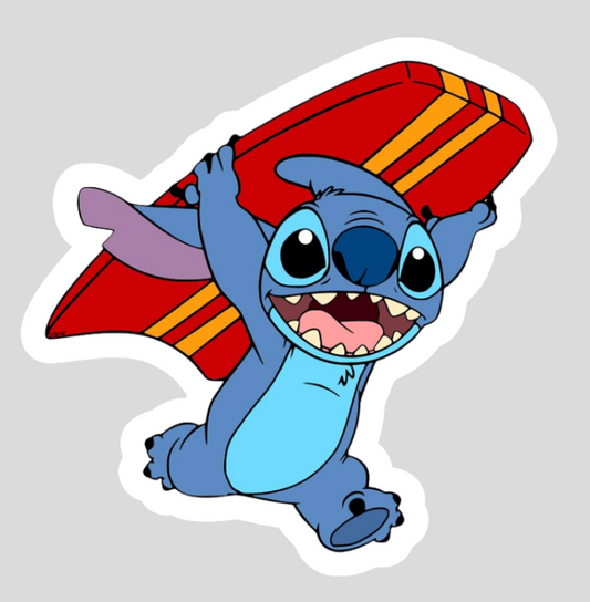 Stitch Running with Surfboard Waterproof Vinyl Sticker