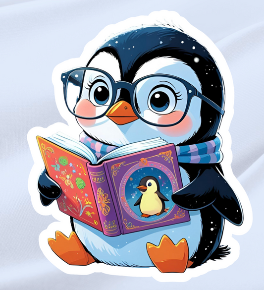 Penguin Reading Book-Waterproof Vinyl Sticker