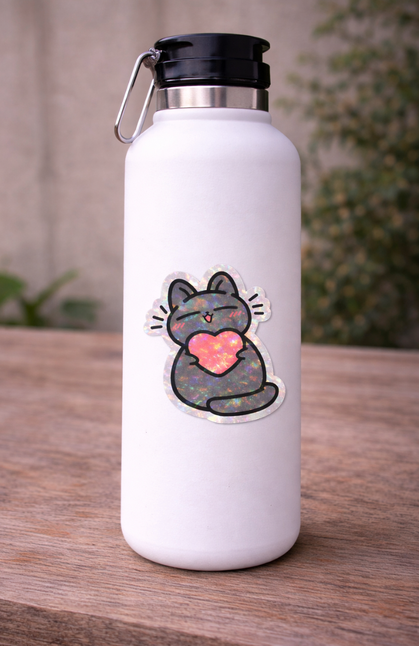 Grey Cat Hugging Heart Sticker