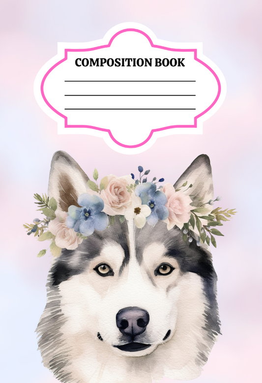 Husky and Flowers Design -Composition Notebook
