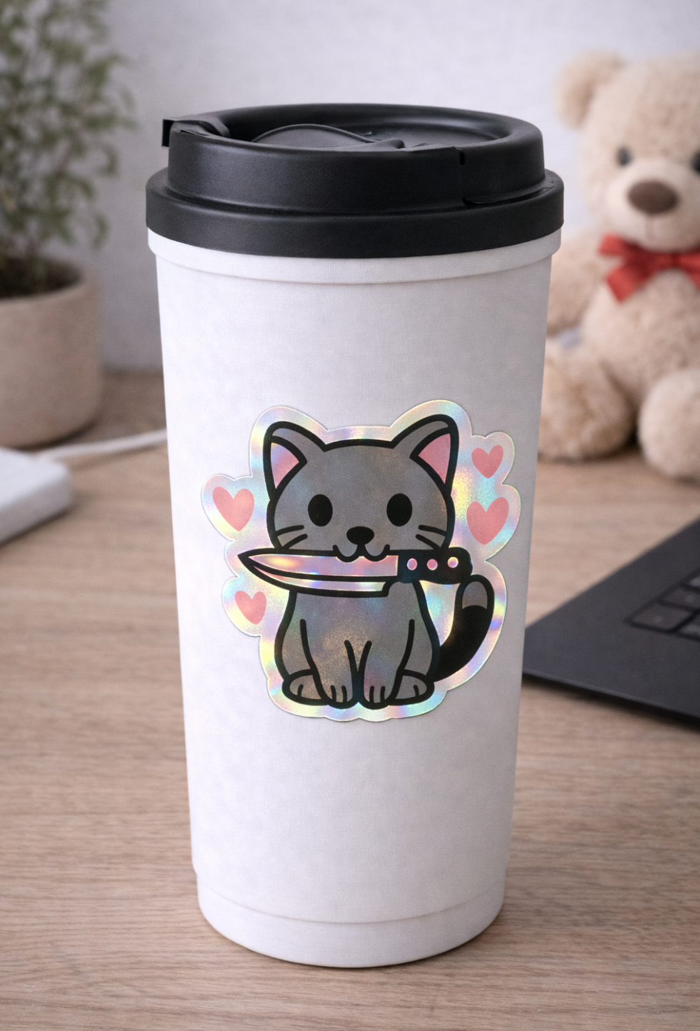 Cat with Knife Hearts Sticker