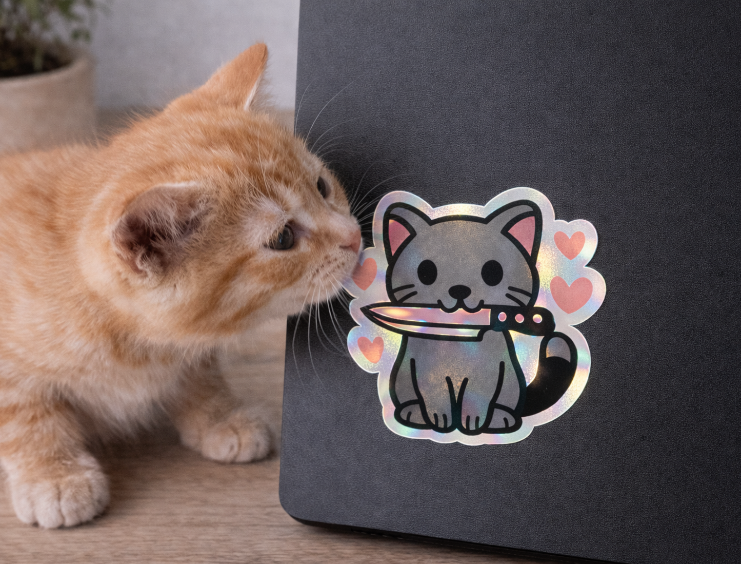 Cat with Knife Hearts Sticker