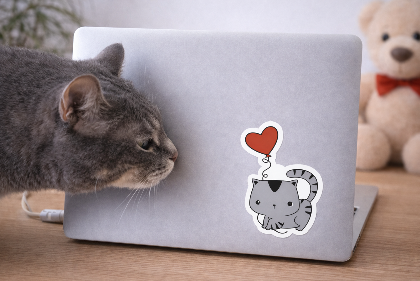Grey Red Heart Balloon Cat Sticker