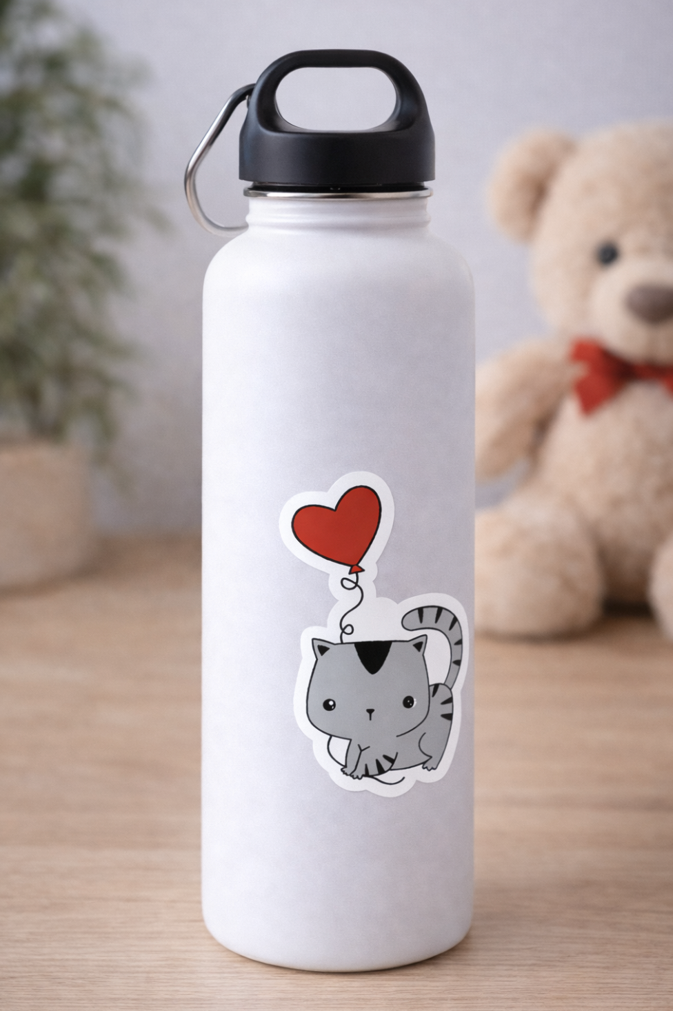 Grey Red Heart Balloon Cat Sticker