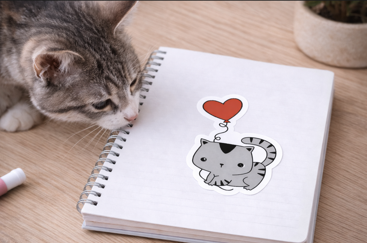 Grey Red Heart Balloon Cat Sticker